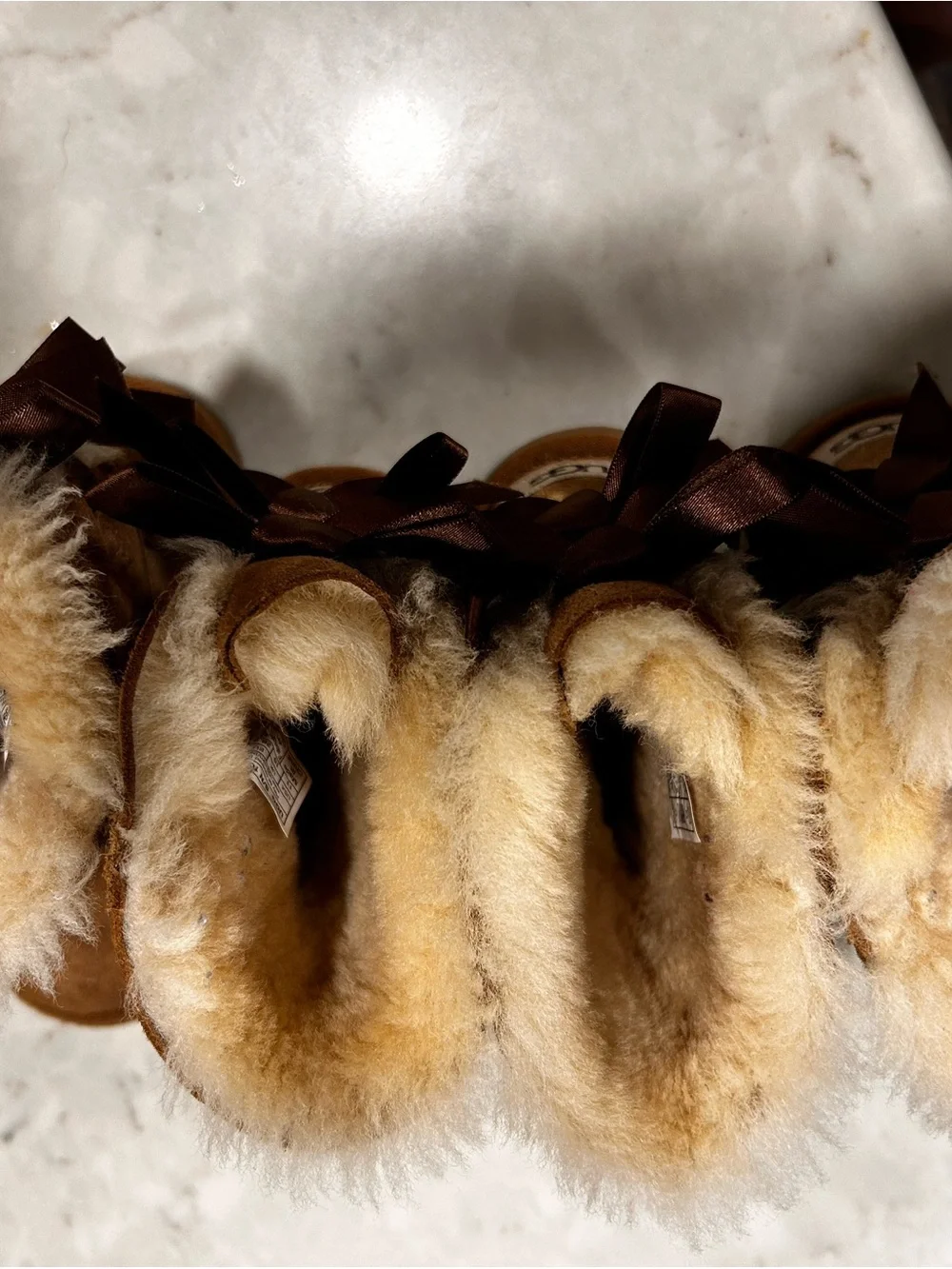 2 pair UGG Chestnut Satin Bow Back Shearling Booties, TWINS, Sz 11, excellent